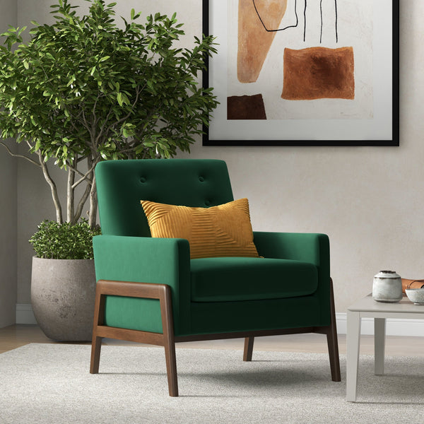 English Elm Ashcroft Furniture - Modern Stella Emerald Green Velvet Lounge Chair Wingback Reading Armchair with Wood Legs, Durable Comfort and Fire-Resistant Upholstery B183P201617