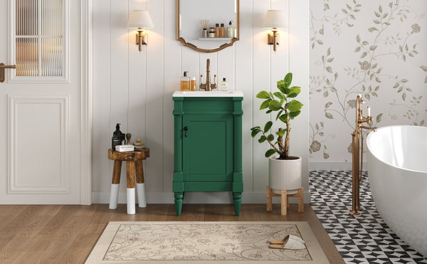 English Elm 18-Inch Modern Bathroom Vanity with Sink Compact Retro Design Durable MDF & Solid Wood Legs Storage-Friendly Green N710P257401F