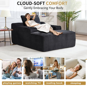 English Elm 67" Corduroy Oversized Chaise Sleeper Sofa Deep Seat Boneless Lounge with Cup Holder Pillows Black W1803P409253