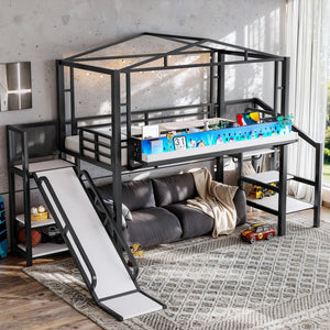 English Elm Twin Metal Loft Bed with Built-in Wardrobe Storage Stairs Led Lights and Usb Ports W5316S00045