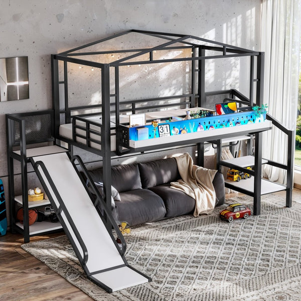 English Elm Twin Metal Loft Bed with Built-in Wardrobe Storage Stairs Led Lights and Usb Ports W5316S00045