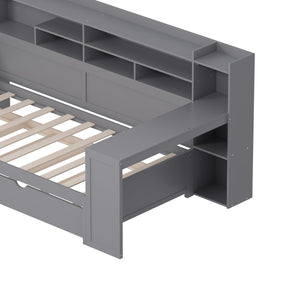 English Elm Wooden Twin Daybed with Trundle, Built-In Desk and Side Storage Shelves for Space-Saving Living Gray 54.4 L x 18 W x 5.6 H N733S242275E