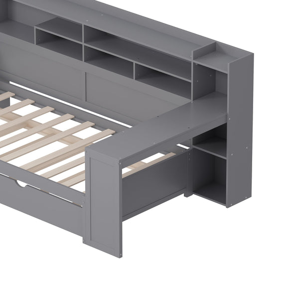 English Elm Wooden Twin Daybed with Trundle, Built-In Desk and Side Storage Shelves for Space-Saving Living Gray 54.4 L x 18 W x 5.6 H N733S242275E