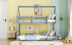 English Elm Twin Over Twin House-Style Bunk Bed With Safety Guardrails, Ladder & Durable Light Grey Finish W504P227934-GIGA