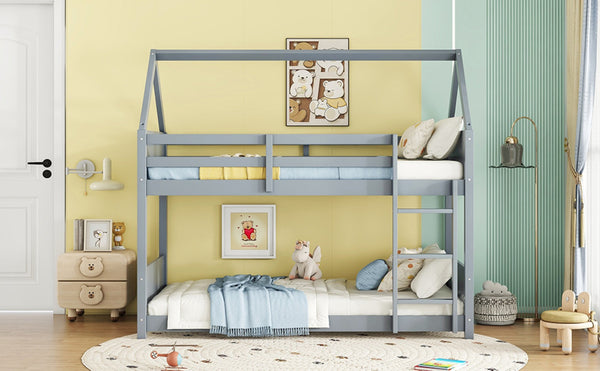 English Elm Twin House-Style Floor Bunk Bed With Safety Guardrails, Durable Rubberwood, And Fun Grey Finish W504P314947-GIGA