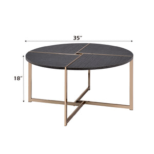 English Elm Bromia Round Black Wood Top Coffee Table with Champagne X-Shape Metal Legs — Modern Occasional Accent B2726P281464
