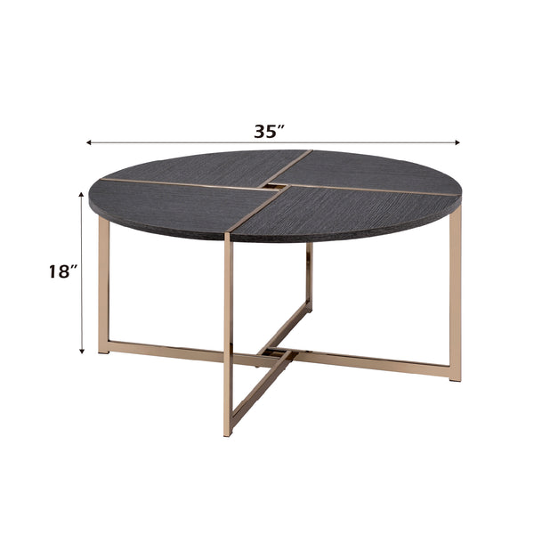 English Elm Bromia Round Black Wood Top Coffee Table with Champagne X-Shape Metal Legs — Modern Occasional Accent B2726P281464