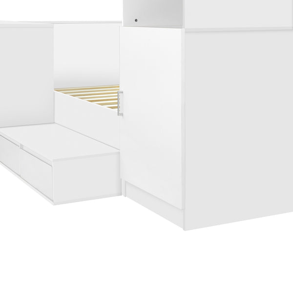 English Elm Full Size Wooden Platform Bed With Integrated Desk, 6 Drawers, Wardrobe & Modern Shelves, White Finish N820S00060K