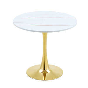 English Elm Round Faux Marble Tulip Pedestal Dining Table Mid Century Modern for Small Bistro Spaces Gold+White W2920P400992