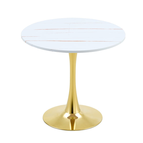 English Elm Round Faux Marble Tulip Pedestal Dining Table Mid Century Modern for Small Bistro Spaces Gold+White W2920P400992