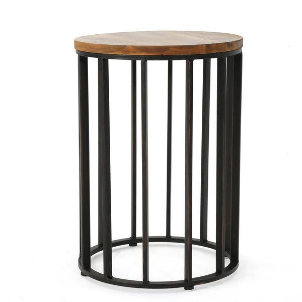 English Elm Christopher Knight Home® - Outdoor Acacia Wood Side Table with Round Solid Top and Black Iron Frame, Handcrafted, 15" 60747.00