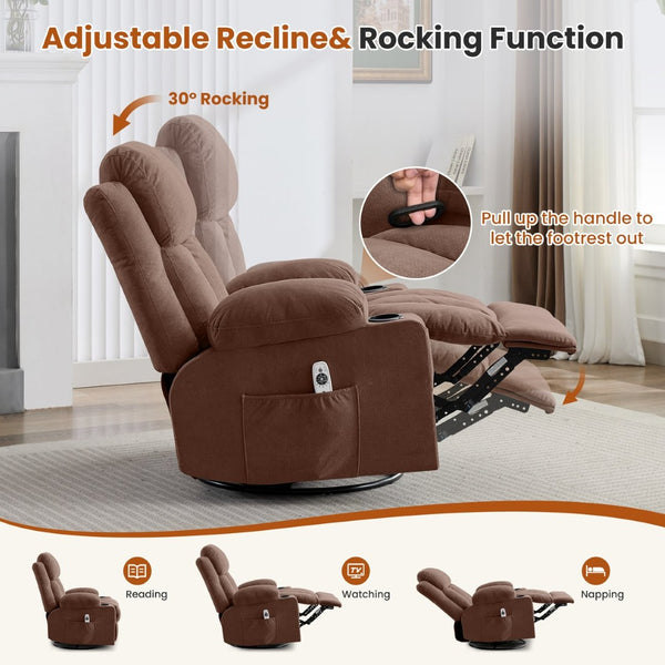 English Elm Swivel Rocker Recliner with Massage Heat and Usb Port for Living Room Comfort W1521P461085