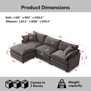 English Elm 105" L-shaped Chenille Sectional with Ottoman Pocket Spring Living Room Sofa Grey W1097S00228