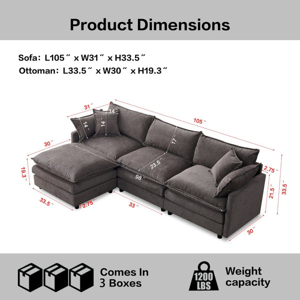 English Elm 105" L-shaped Chenille Sectional with Ottoman Pocket Spring Living Room Sofa Grey W1097S00228