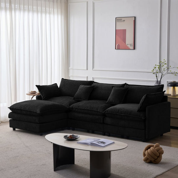 English Elm 105" L-shaped Chenille Sectional with Ottoman Pocket Spring Living Room Sofa Black W1097S00229
