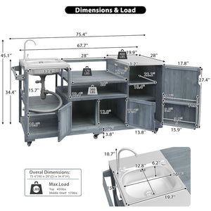 English Elm K&k Solid Fir Outdoor Kitchen Island with Sink Stainless Steel Top and Grill Cutout Grey+Blue N707S000022G