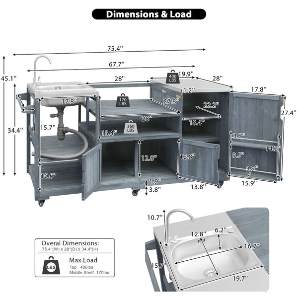 English Elm K&k Solid Fir Outdoor Kitchen Island with Sink Stainless Steel Top and Grill Cutout Grey+Blue N707S000022G