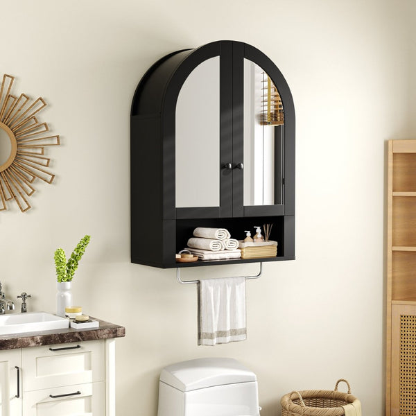 English Elm Wall Mounted Arched Cabinet Tempered Glass Doors Led Lighting Adjustable Shelves Bathroom Black T3210P471557