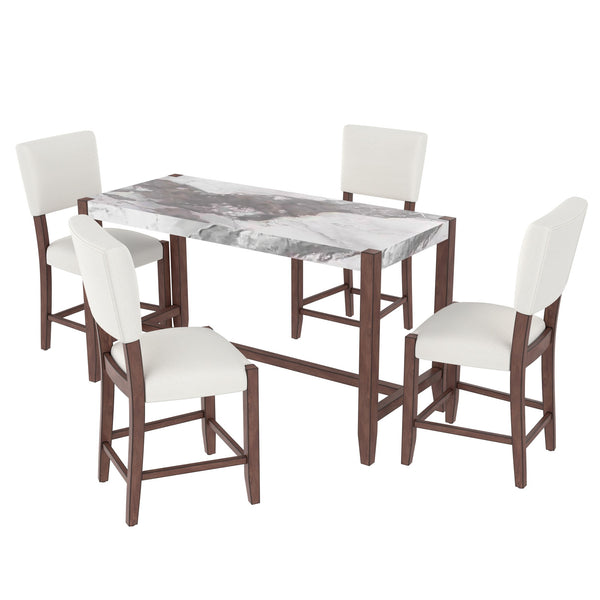 English Elm 5-Piece Faux Marble Counter Height Dining Set — 4 Upholstered Stools, Space-Saving Mid-Century Modern for Kitchen N752S011086A