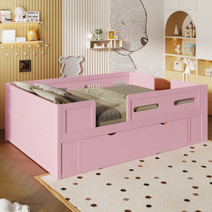 English Elm Wood Twin Platform Bed for Kids with Fence Guardrail and Under Storage Drawer Pink N709P385776H