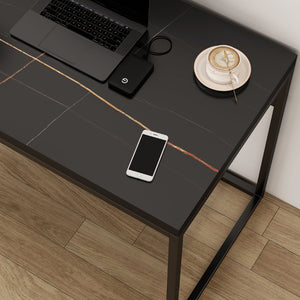English Elm Home Office Writing Desk with Steel Frame and Scratch Resistant Two Tone Surface Black Marble-Look Sintered Stone W3151P400585