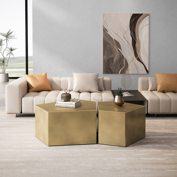 English Elm Irregular Geometric Nesting Coffee Table Set with Durable MDF Finish, Space-Saving Modern Accent Tables Set Antique Gold W757P206012