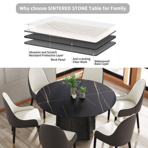 English Elm 53" Round Marble Dining Table For 6, Elegant Sintered Stone Top With Solid Oak Base, Stylish & Durable W1535S00377