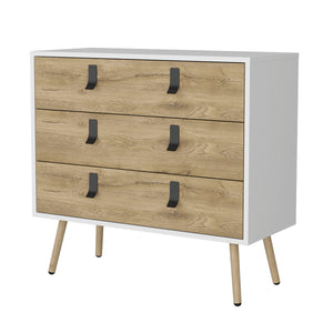 English Elm Kimball 3-Drawer Dresser White Macadamia – Midcentury Modern Storage, Smooth Glide Drawers, Wooden Legs B128P176105