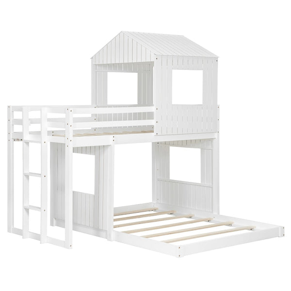 English Elm Wooden Twin Over Full Bunk Bed Farmhouse Playhouse Design with Ladder Guardrails LT000327AAK-1