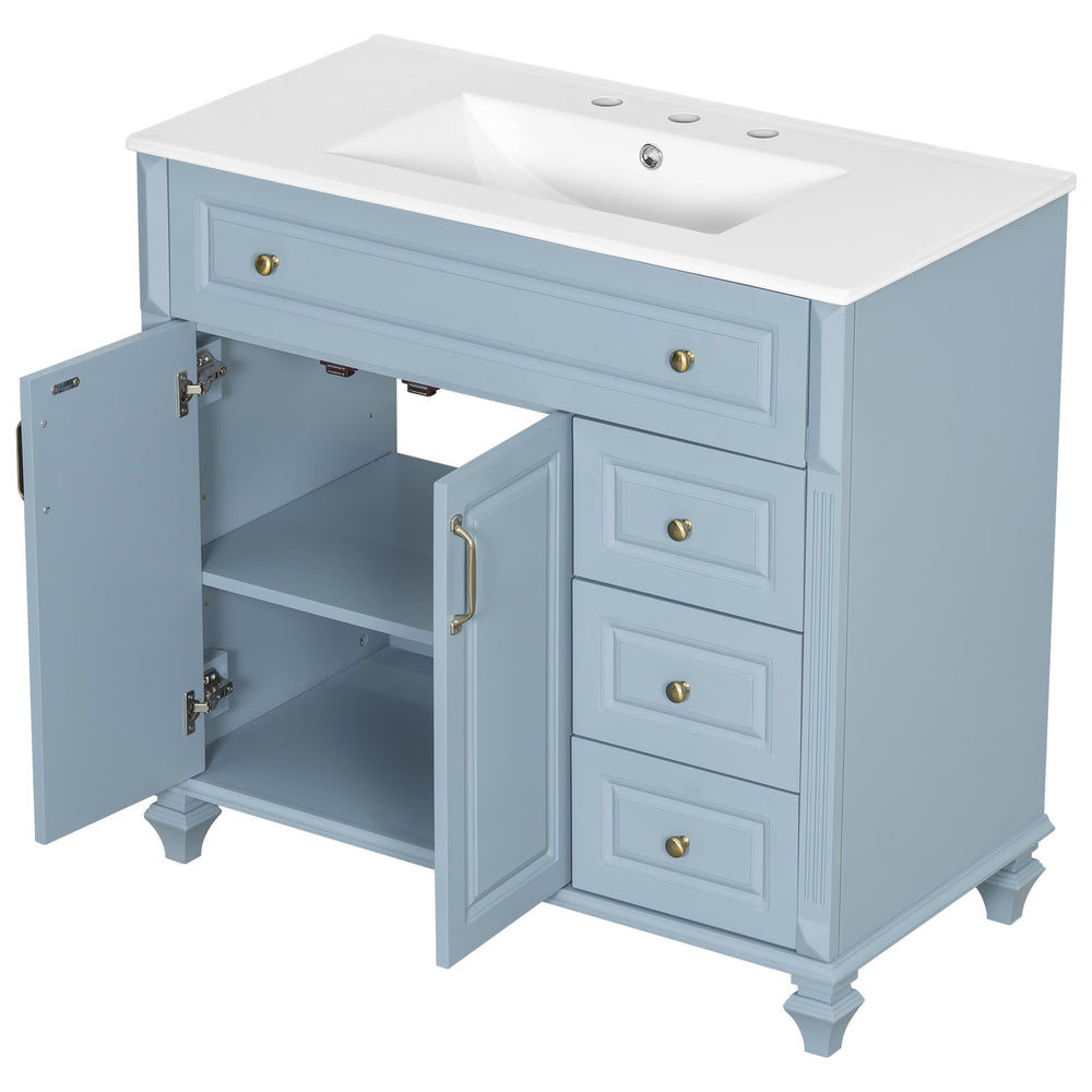 English Elm 36" Bathroom Vanity - Modern Blue Grey Solid Wood Cabinet With Elegant Gold Handles & Ample Storage N725P356069E