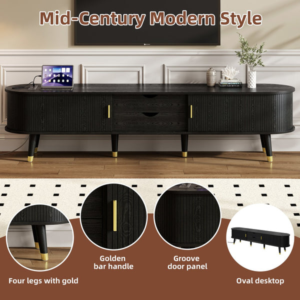 English Elm [Assembly Wooden Oval Fluted TV Stand with Charging Station, 74.8" Mid-Century Media Console w/ Sliding Door and Gold Accents Black N721P297567B
