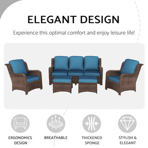 English Elm Patio Rattan Outdoor Sectional Set with 3-Seat Sofa, 2 Chairs & 2 Ottomans Cushioned Comfort Brown Grey,Peacock Blue W1710S00257