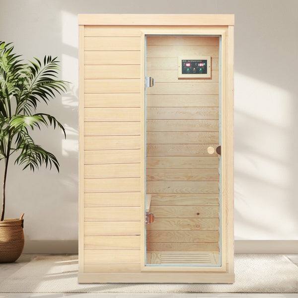 English Elm Hemlock Solid Wood Single Person Far Infrared Sauna with Bluetooth and Lcd Controls W632S00008