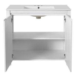 English Elm 36" Bathroom Vanity Organizer with Ceramic Sink, Solid Wood Distressed Finish, Hand-Painted Charm and Ample Storage Antique White N729P255666K