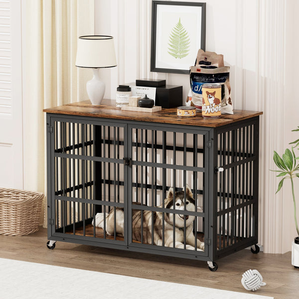 English Elm Furniture style dog crate with sturdy steel frame, particle board top for 150lb storage, fits dogs up to 70lb Rustic Brown W1162119831