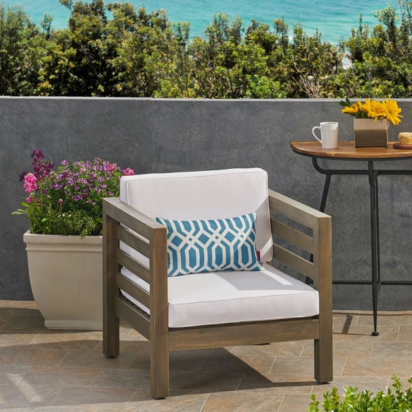 English Elm Christopher Knight Home® - OANA Outdoor Club Chair with Acacia Wood Frame, Removable Cushions, Slatted Design for Quick Drying Grey+White 65546.00WHI