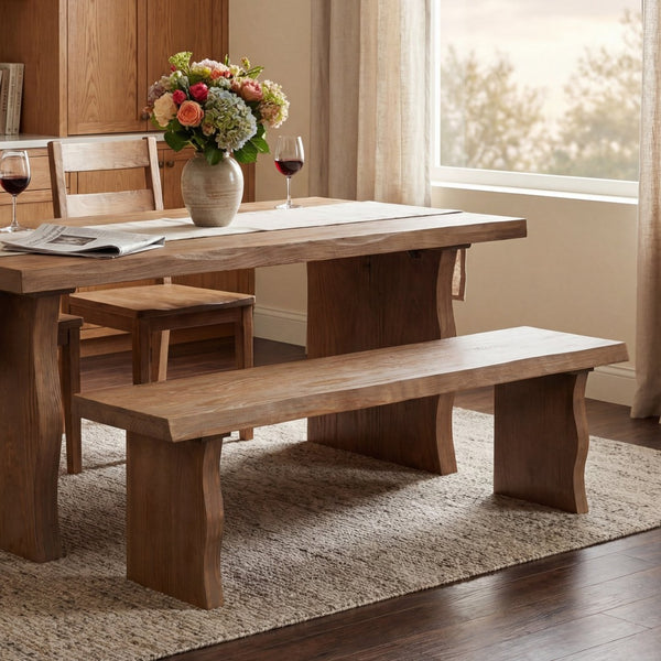 English Elm Indoor Solid Pine Dining Bench Seats Three Adults Farmhouse Style Kitchen Seating N779P329115B