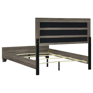 English Elm Funston Queen Bed with Tan Upholstered Headboard and Warm Oak Grain Wood Frame B062S01715