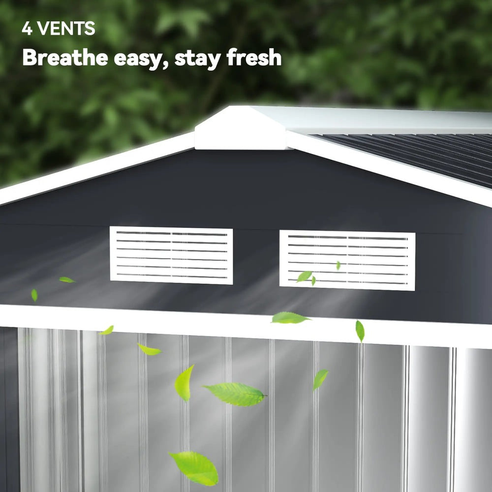 English Elm Garden Steel Storage Shed with Sliding Doors Four Vents and Foundation Kit for Outdoor Use T3971S00030