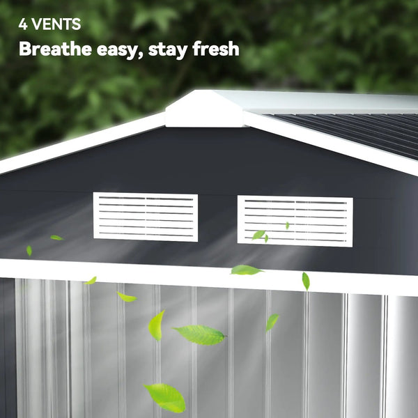 English Elm Garden Steel Storage Shed with Sliding Doors Four Vents and Foundation Kit for Outdoor Use T3971S00030