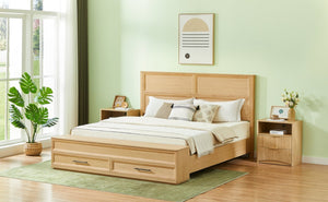 English Elm Queen Storage Bed with Geometric 3d Headboard Four Drawers and Walnut Finish W1820S00057