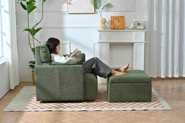 English Elm Oversized Storage Ottoman Accent Chair with Deep Wide Seat, Mid-Century Upholstered Lounge Sofa for Cozy Reading and Relaxation Dark Green W1028S00045