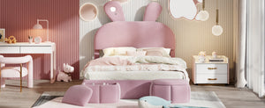 English Elm Full Pink Velvet Platform Bed Cartoon Ear Headboard Led Light Storage Stools N709P195300H-1