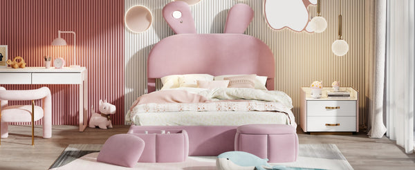English Elm Full Pink Velvet Platform Bed Cartoon Ear Headboard Led Light Storage Stools N709P195300H-1