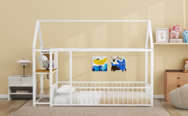 English Elm Twin House Bed Frame with Roof & Fence, Metal Twin Loft with Built-In Desk Shelves USB Outlets White N737P173490K