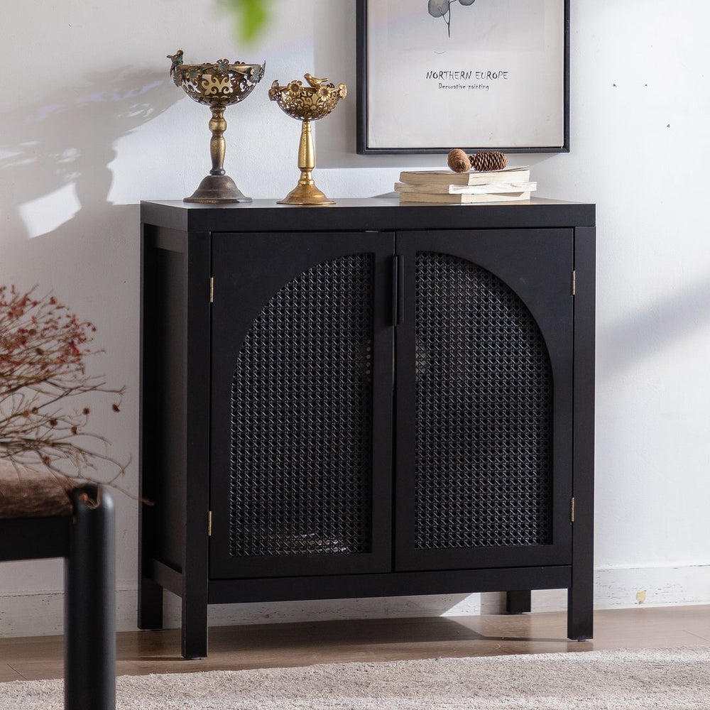 English Elm Black Rattan Accent Cabinet with Doors - 29" Narrow Black Sideboard Buffet, Adjustable Shelf, Stylish Storage for Entryway, Kitchen, Living Room W3081P339023
