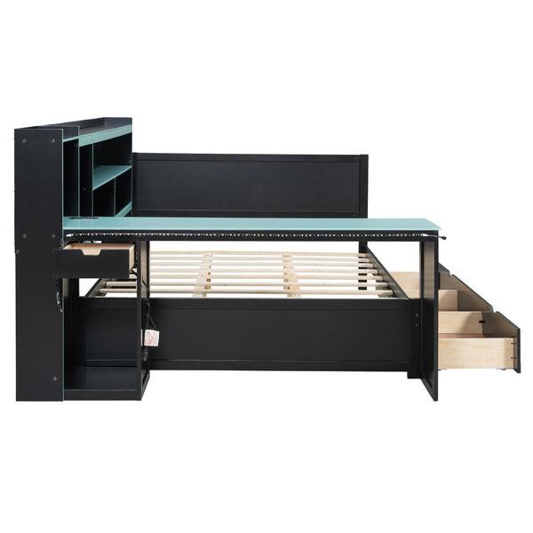 English Elm Queen Gaming Bed Frame with Desk Led Lighting Storage Drawers and Bookcase Headboard Black+Blue LP000290AAC
