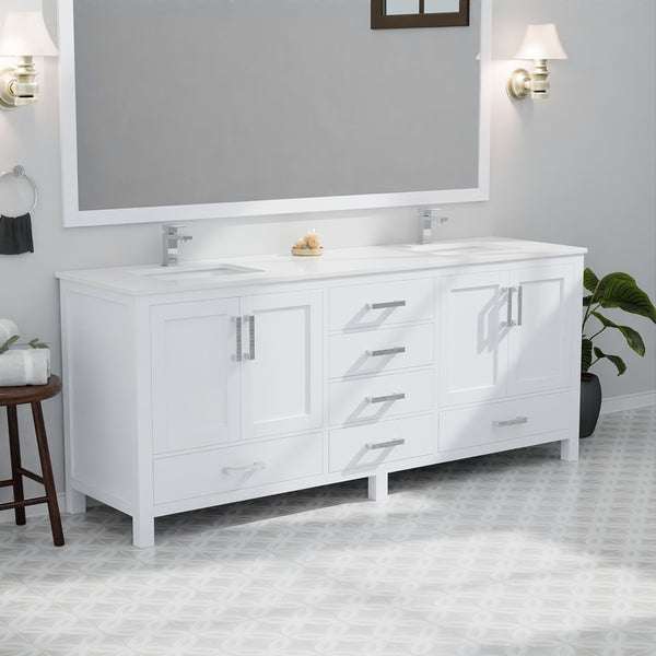 English Elm White Double Bath Vanity 80 in. W x 22 in. D with White Quartz Top, Chrome Faucets, 30" Mirrors, Durable Finish B2731S01055