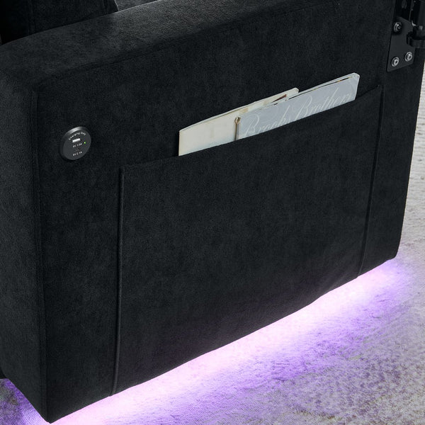 English Elm Modern Chenille Pull-Out Bed Sofa With Led Lights, Usb Ports, Cup Holders & Retractable Table, Black W1413S00098