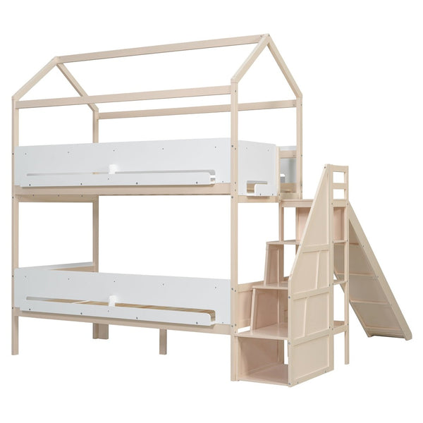 English Elm House-shaped Pine Bunk Bed with Built-in Slide Storage Staircase Twin Over Full Kids Frame Beige+White N820S00082A
